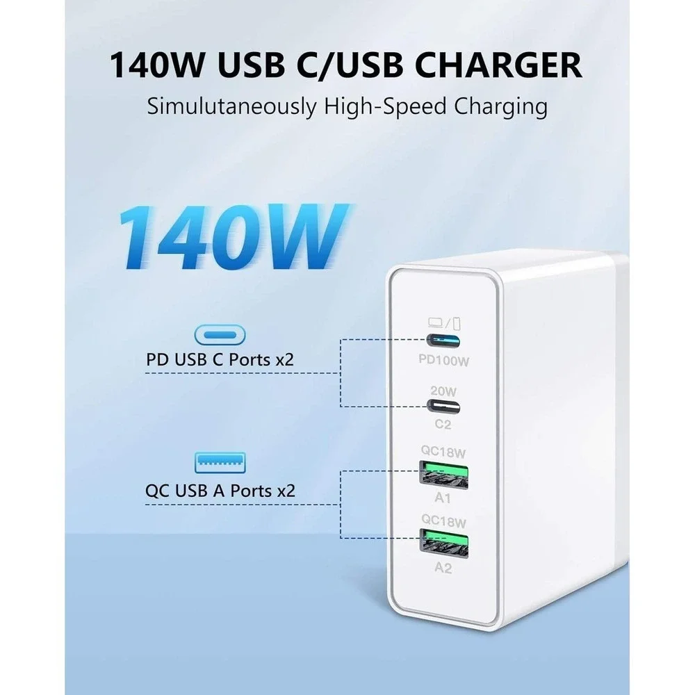 140W USB C Charger GaN Fast Charging Block 4 Port PD QC Power Adapter White